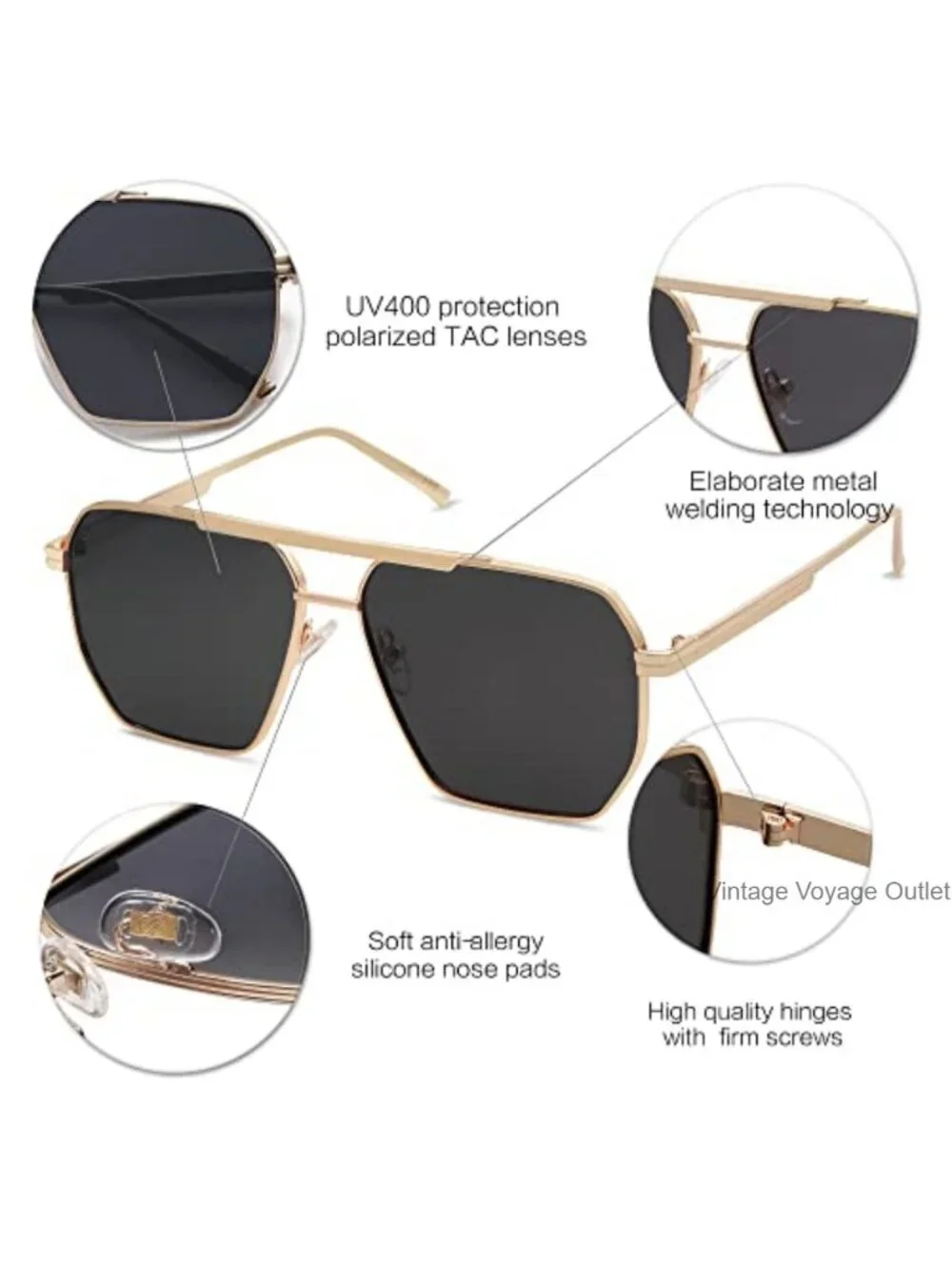 Retro Oversized Square Polarized Sunglasses Metal Frame UV400